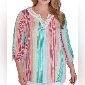 Ruby Rd Tropical Splash Striped 3/4 Sleeve V-neck Lightweight NWT Blouse